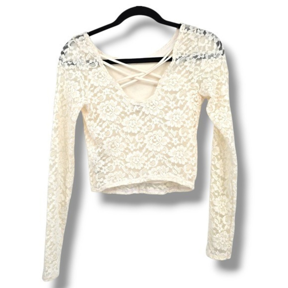 Abercrombie & Fitch Lace Long Sleeve Crop Top Criss Cross Back Cream M‎